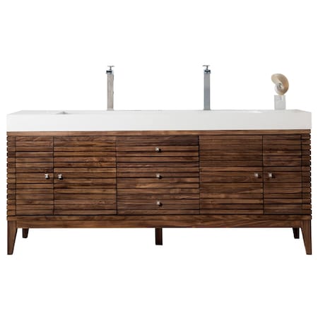 James Martin Vanities Linear 72in Double Vanity, Mid-Century Walnut w/ Glossy White Composite Stone Top 210-V72D-WLT-GW